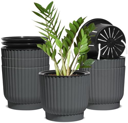 T4U Medium Self Watering Plant Pots Indoor, 6 Pack Indoor Plant Pot, Grey Plastic Flower Pots, House Plant Pots for Indoor Outdoor Plants, Succulent, Cactus, African Violets, Spider Plants