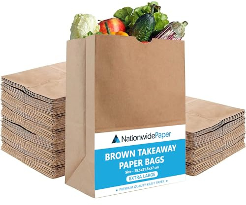 Nationwide Paper 50 pcs Extra Large Brown Paper Bags No Handles Strong Takeaway Kraft Paper Bags for Grocery, Fruits, Snacks, Lunch, Birthday, Wedding, Supplier, and Vegetables (35.5x21.5x37cm)