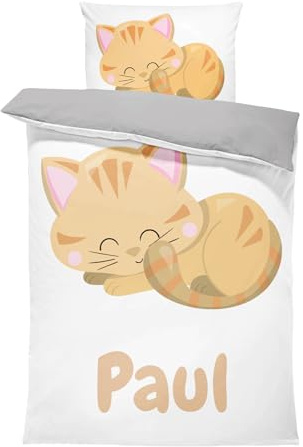 Pictogogo Personalisierte Kinderbettwäsche Set mit Katzen - Baby Bettwäsche Mit Namen - Wählbare Unterfarbe - Babybett Komplett Set - 1 Bettbezug & 1 Kissenbezug (100 x 135 cm, Hell orange)