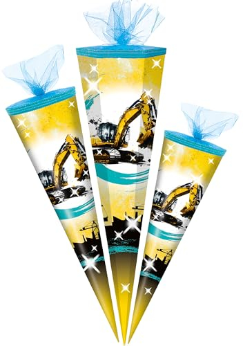 alles-meine.de GmbH Schultüte - Bagger & Baustelle - 50-85 cm - Größe wählbar - Zuckertüte - Tüll Abschluß - eckig/rund - klein & groß - Geschenktüte - Schulanfang - Baufahrz..