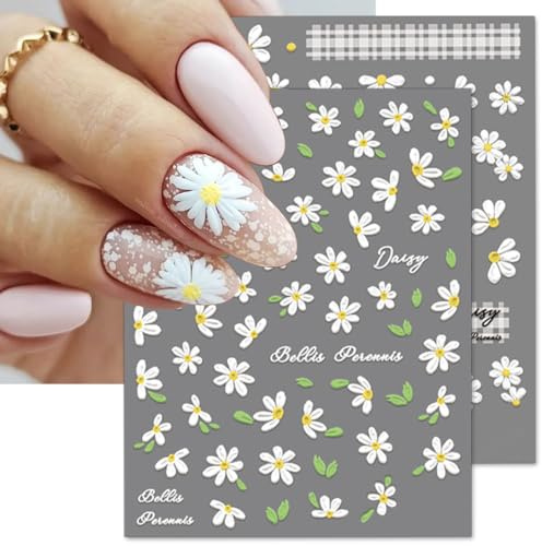 5D Geprägte Weißes Gänseblümchen Nagelsticker Blumen Nagelaufkleber Blume Nagelfolie Selbstklebend Nagel Sticker Nailart Aufkleber Nägel Gänseblümchen Deko Nageldesign Zubehör Flower Nail Art Stickers
