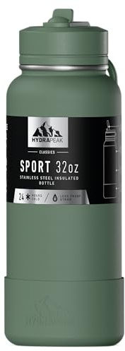 Hydrapeak 32oz Sport Insulated Water Bottle with Straw or Chug Lid, Leak & Spill Proof, Keeps Drinks Cold for 24 Hours, Hot for 12 Hours, Premium Stainless Steel Water Bottles (32oz, Sage Leaf)