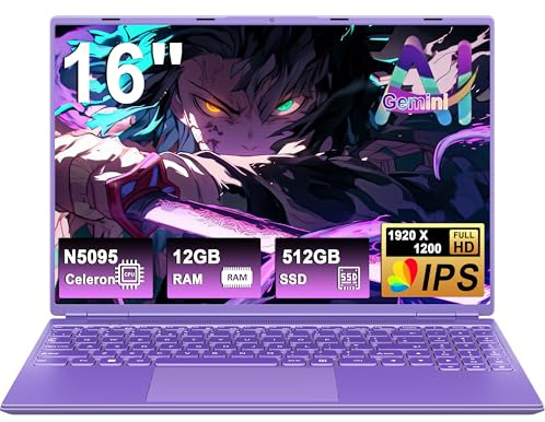 NOTODD Ordinateur Portable Gaming 16'' 12+512 Go SSD Soutien Extension 1TB | PC Portable 1920x1200 Portable Celeron N5095 (jusqu'à 2,9 GHz) Laptop avec Type-C Mini HDMI-Violet