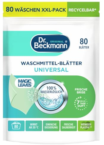Dr. Beckmann MAGIC LEAVES Waschmittel-Blätter UNIVERSAL | vordosierte & wasserlösliche Waschblätter | platzsparend und leicht anzuwenden | 80 Blätter