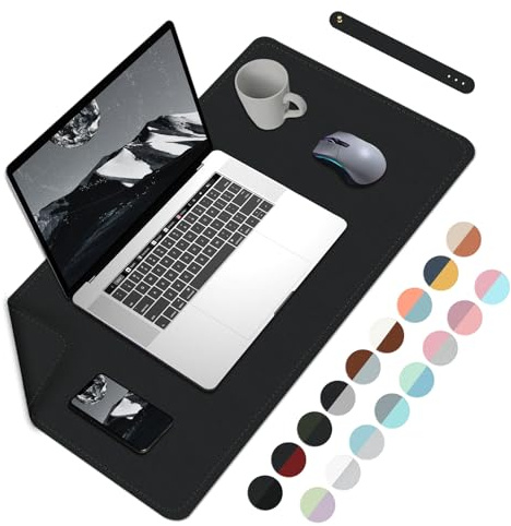 Dual-Sided Desk Pad, Waterproof PU Leather Desk Blotter,Large Office Mouse Mats for Laptop/Writing, Easy Clean Table Protector, Black, 60 x 35 cm
