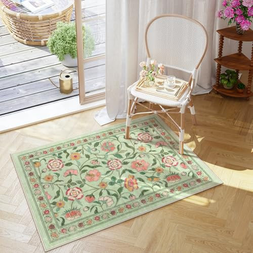 Moynesa Kleiner Teppich mit Blumenmuster, 5 x 7,6 cm, waschbar, rutschfest, weich, Boho, Salbeigrün, Badezimmerteppich, niedriger Flor, Überwurf, Haustürmatte, Inneneingang, schmutzabweisender