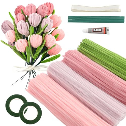 Galerie SV Set di scovolini Rosa Tulip Bouquet, 400 pezzi di scovolini per bricolage in 4 colori con 20 pezzi di filo verde per bricolage, nastro regalo, nastro adesivo