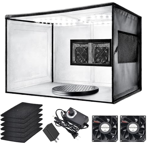 Cabine de pulvérisation d'aérographe avec deux ventilateurs d'échappement, cabine de peinture portable pour aérographe, 2 lumières LED rondes avec couverture à 360°, plateau tournant et tuyau