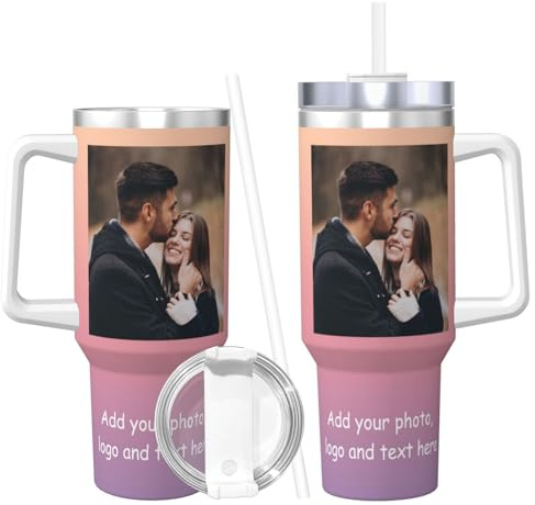 Naispanda Gobelet Personnalisé avec Poignée et Paille, 40oz/1135ml Mug Isotherme Personnalisable avec Texte Nom Photo Prénom Cadeaux pour Femme Homme Maman Papa et Amis Anniversaire