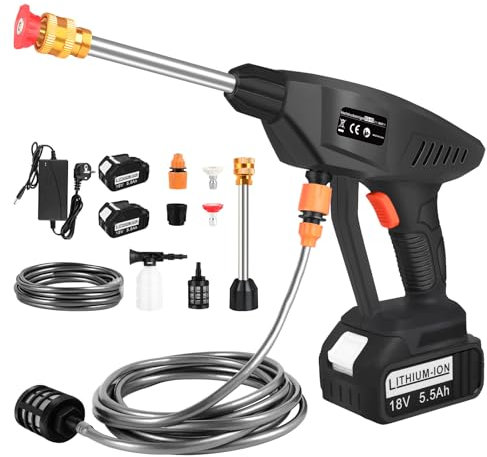 ASUNCELL Idropulitrice a Batteria, 6 in 1 Ugello, 2 Batterie da 5,5Ah, Regolabile per Pulizie Esterni Giardino Auto