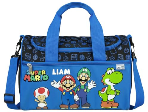 Borsa sportiva per bambini Super Mario – Personalizzata con nome – Piccola borsa da viaggio Weekender Bag per ragazzi, Super Mario (blu reale), Borsa sportiva
