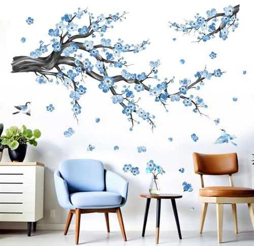 Stickers muraux en fleurs de cerisier pour chambre à coucher : autocollants muraux à décoller et coller Motif fleurs et oiseaux Bleu