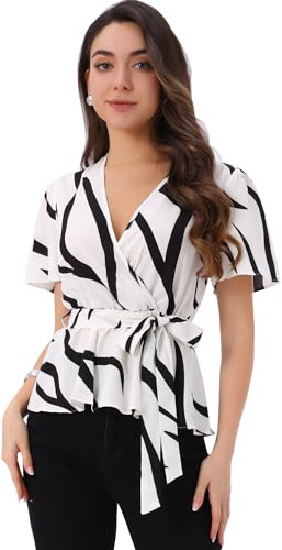 Allegra K Printed Peplum Top for Women's Flutter Sleeves Elastic Waist Belt Wrap V Neck Blouse White L