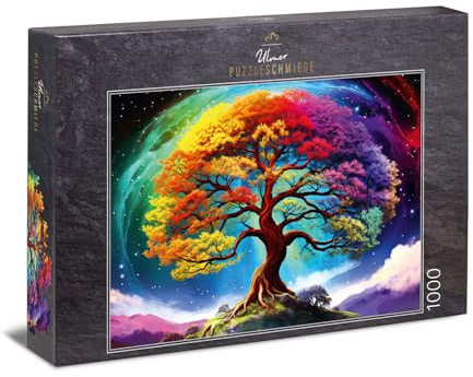 Ulmer Puzzleschmiede - Rainbow-Tree Puzzle da 1000 pezzi: Albero della vita colori arcobaleno su sfondo cosmico - Qualità Made in Germany