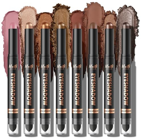 LANGMANNI 8 couleurs - Lot de bâtonnets d'ombre à paupières crème double extrémité - Silky Smooth, imperméable et résistant au transfert, pinceau mélangeur intégré, maquillage des yeux mat et brillant