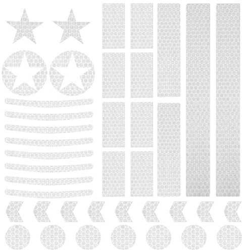 Prasacco 42Pcs Reflective Stickers, Helmet & Bicycle Safety Tape, Night Visibility Reflectors Bike Reflective Tape Car Reflector Sticker for Motorcycle, Scooter, Driveway, 8 Shapes(White)