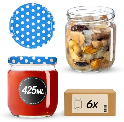 KADAX Tarros de conservas de 425 ml, con tapa de rosca fi82, tarros con tapón de rosca, tarros de conserva, tarros para mermeladas, conservas, miel (lunares azules, 6 unidades)