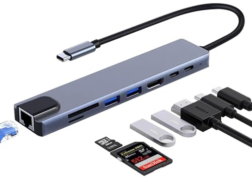 USB C Hub with Ethernet Adapter, 8 in 1 Type C Multiport Convertor with 100W PD, 4K HDMI, Type-C Port, SD/TF Card Reader USB Adapter for iPhone 15, MacBook, iPad, Samsung, Surface, etc