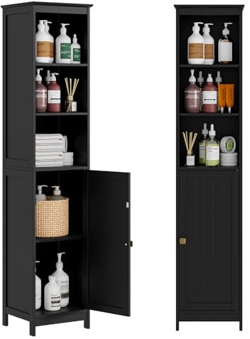 RRX Tall Bathroom Storage Cabinet,Slim Bathroom Cabinet with Door &Shelf,13.8 L*12.6 W*63.4 H,Freestanding Narrow Cabinet with Anti-Tip,Storage for Kitchen,Entryway (Black)