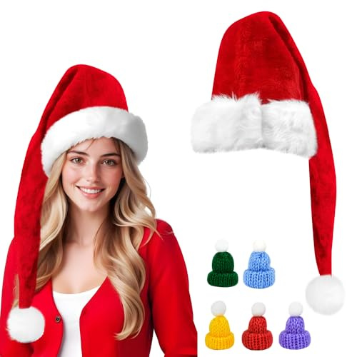 VGECEE Gorro de Navidad Largo 75cm Gorros Navideño Adulto Gorro de Papá Noel de Peluche Adultos Con Borde de Pelo Grueso Sombreros de Santa Claus Adultos Azul, Suave Cómodo y Largo + 10 x Mini Gorros