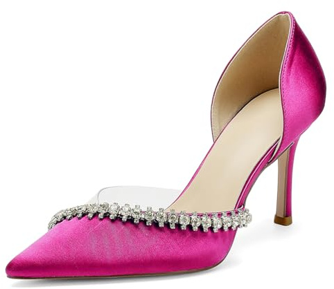 Women Satin Stiletto Heels Wedding Shoes Closed Pointed Toe Diamante Dress Pumps Bridal Party Court Shoes,Fuchsia,6.5 UK