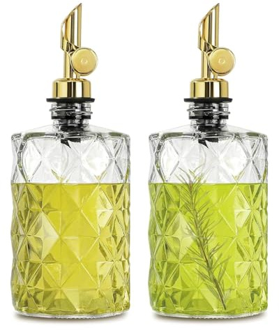 GiftGem 2Pcs Oil Dispenser Bottle for Kitchen, 350ml Diamond Glass Oil Bottle Set with Flip Spout, Decorative Olive Liquid and Vinegar Cruet Drizzler Container