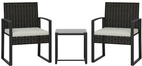 Outsunny Rattan Bistroset Balkonmöbel-Set mit 2 Gartenstühlen Cremeweiß | 3-Teiliges Gartenmöbel-Set, Couchtisch, Abnehmbar Kissen, Sitzgruppe Gartengarnitur, für Garten, Terrasse