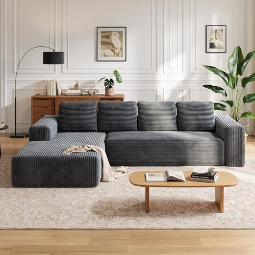 Wumagin 261cm Modulares L-förmiges Ecksofa mit Schlaffunktion, Rahmenloses 4-Sitzer-Schlafsofa, Cord Bodensofa mit Ottomane für Wohnzimmer, Freistehend, Keine Montage, Linksseitige Anordnung (Grau)