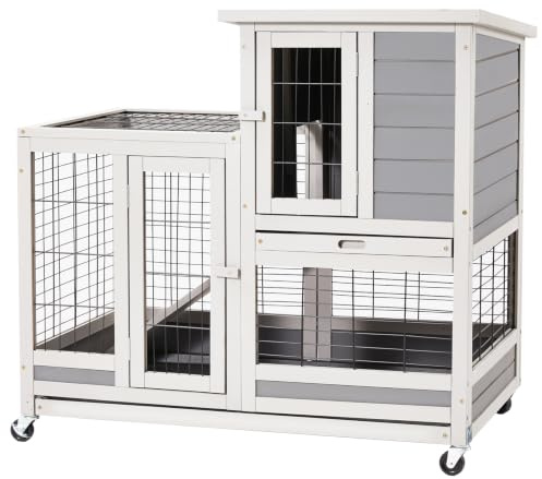 YODOLLA Wooden Rabbit Hutch 94cm Indoor & Outdoor, Small Animal House | Weatherproof Mobile Guinea Pig Cage, 4 Lockable Casters, Removable Leak-Proof Trays & Access Ramp