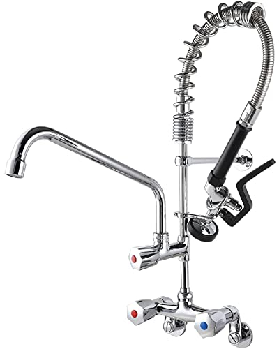 MS 4-8 Inch Adjustable Center Wall Mount 26'' Height Commercial Kitchen Sink Faucet Brass Mini Pre Rinse Unit With Pull Down Spray And Add on Spout (6814P)