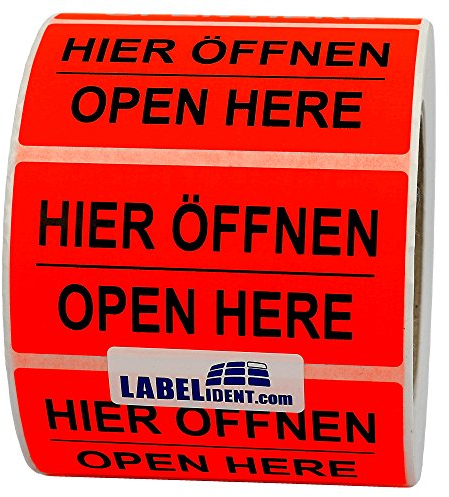Warnetiketten 100 x 50 mm - Paket Aufkleber Hier öffnen - Open here - 1.000 Versandaufkleber auf 1 Rolle(n), Papier selbstklebend