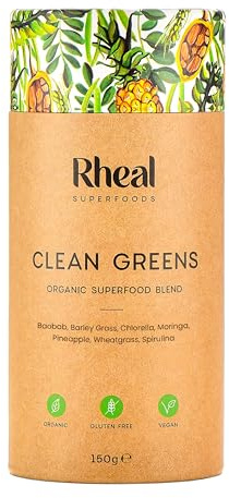 Rheal Clean Greens, 150g (30 Servings), Organic Greens Powder with Baobab & Freeze-Dried Pineapple, Supports Immunity, Digestion & Energy, No Sweeteners or Artificial Flavours