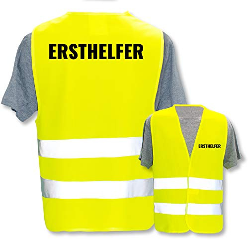 Bedruckte Warnwesten mit ISO-Leuchtstreifen * Standard- oder Reflex-Druck * Erste Hilfe und Brandschutz, Begriff:Ersthelfer, Farbe + Größe:Gelb (M/L)