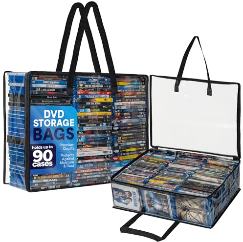 Besti Blu Ray fodral hållare organisatör, set med 2 genomskinliga plastpåsar med handtag för lagring av Blurays, DVD-skivor, CD-skivor, förvaringsväskor för videospelfodral, rymmer upp till 90 Bluray