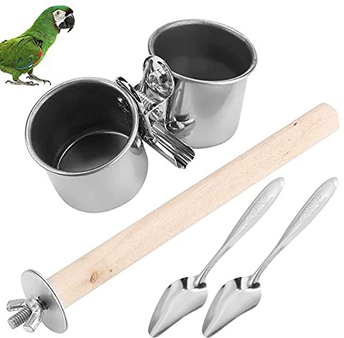 Qixuer 2 Pieces Bird Food Bowl,Stainless Steel Parrot Feeding Cups Animal Cage Water Food Bowl Dish Cups Bird Feeder with 2 Pieces bird Feeding Spoon for Cockatiels Chinchilla