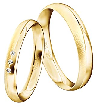 JC Trauringe Gold 333 Paarpreis Poliert I Einzigartige Partnerringe Weißgold mit Gravur in edler Schatulle I 2 Hochzeitsringe Damenring mit 3 Zirkoniasteinen & Herrenring ohne I ICT14