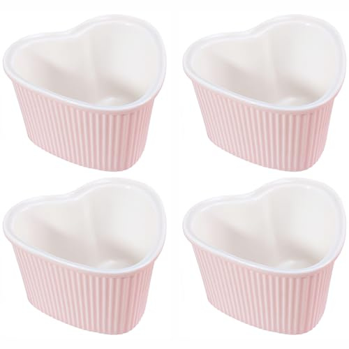Sizikato Heart-Shaped Pink Porcelain Souffle Dishes, Ramekins - 3.5 Inches for Souffle, Creme Brulee and Dipping Sauces - Set of 4