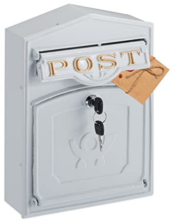 Relaxdays Cassetta della Posta dal Design retrò, Porta Lettere in Lega di Alluminio, Scritta Post, 31,5x23x9 cm, Bianco
