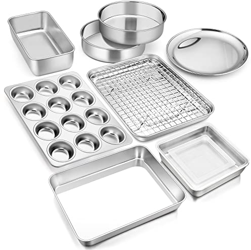 10-teiliges Backformen-Set, E-far Edelstahl-Backformen-Set für den Ofen, inklusive Kuchenform/Backblech/Pizza/Muffin/Kastenform, ungiftig und robust, spülmaschinenfest