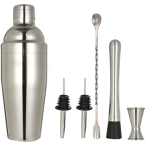 ChioSun Cocktail Making Set, 6-teiliger 750ML Cocktail Shaker Edelstahl mit Cocktail Shakers Eingebautes Barkeeper Sieb, Messen Jigger, Bar Löffel, Spirit Gießer und Muddler