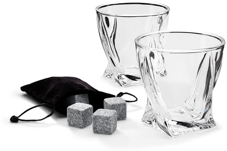 Ingenious Gedrehte Gläser und Eissteine, Duo-Set, kunstvolle Whiskygläser und natürliche, wiederverwendbare Eiswürfel