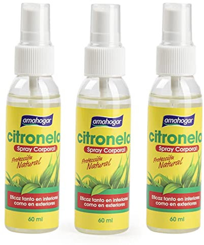 Pack de 3 Sprays Corporal de Citronela Antimosquitos 60ml. Protección natural. Esencias naturales. Perfecto para el Verano, en Interiores y Exteriores.