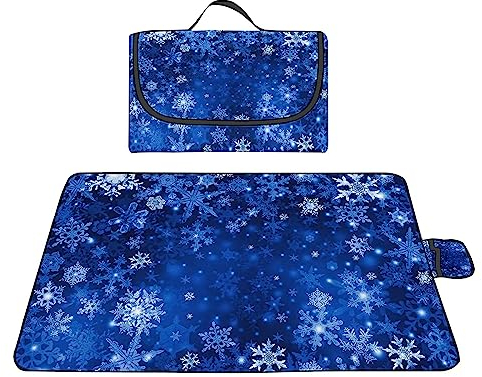 TengYuer Picknickdecke 180x200cm Stranddecke Wasserdicht Sandfrei Isoliert Faltbar Strandmatte mit Tragegriff Outdoor Campingdecke XXL für Camping Parks Strände Picknick Blaue Schneeflocken