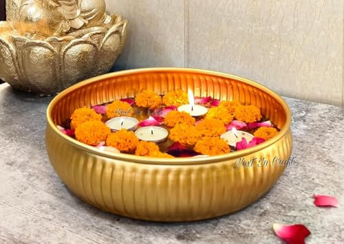 Next In Crafts Flower Decorative Urli Bowl for Home Crafts Floating Flowers and Tea Light Candles | Diwali Decoration Items Tea-Light Home Office Table Decor (Hammerd 12) (Gold)