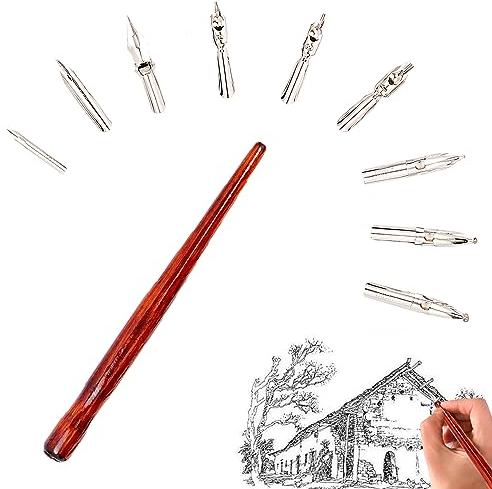 XCSJ 10 Pcs Manga Cartoon Pen Comic Pen Set mit 1 Stifthalter und 9 Stiftspitze, Halter Dip Pen Zeichnung Comic Pen Nib Holder Kalligraphie Federhalter Holz für Karikaturisten, Künstler, Anfänger