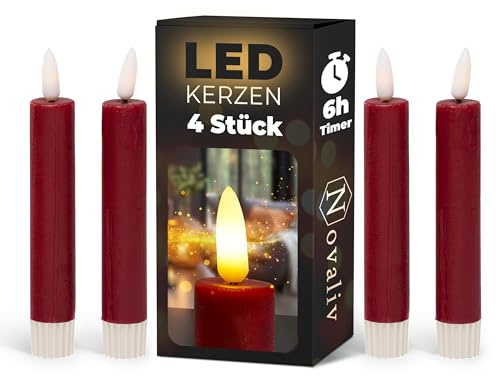 Novaliv Stabkerzen LED mit Timer ROT 4 Stück Indoor 6 Stunden - ECHTWACHS 15cm Höhe für Kerzen 2,2cm Durchmesser 2 AAA Batterien notwendig LED Stabkerzen flackernde Flamme bewegliche Flamme Licht