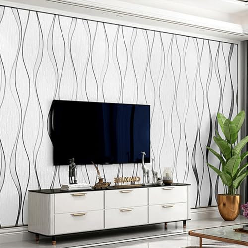 Snewvie White Wallpaper Wave Stripes Glitter Wallpaper 3D Effect Textured Wall Paper Flocking Embossed Roll Wallpapers for Living Room Adults Bedroom Hallway Kitchen