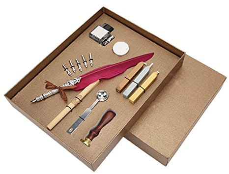 Emoshayoga Feather Penand Ink Set Feather Pen Set Calligraphy Kit, Retro Design Carving Appearance, Smooth Writing, Wine Red, Gift SFDPS038006