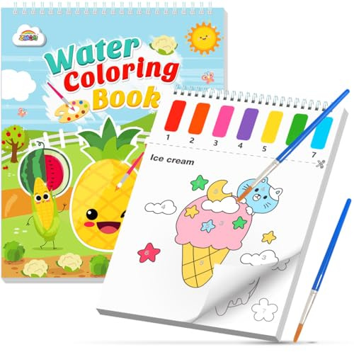 ZMLM Malbuch mit Wasserfarben für Kleinkinder, Lebensmittel Malen mit Wassermalbuch Aquarell-Malpapier Kleine Geschenke für kinder Junge Mädchen ab 3-8 Jahren Unterwegs Magisches Buch Mitbringsel