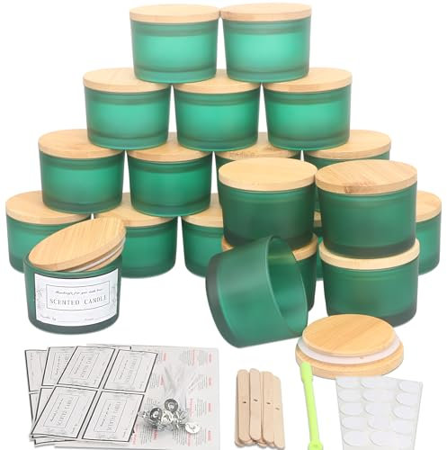 MILIVIXAY Confezione da 20 barattoli per candele in vetro verde opaco da 113,4 g, con coperchio e kit per la creazione di candele, piccoli barattoli vuoti per candele – contenitori per spezie e
